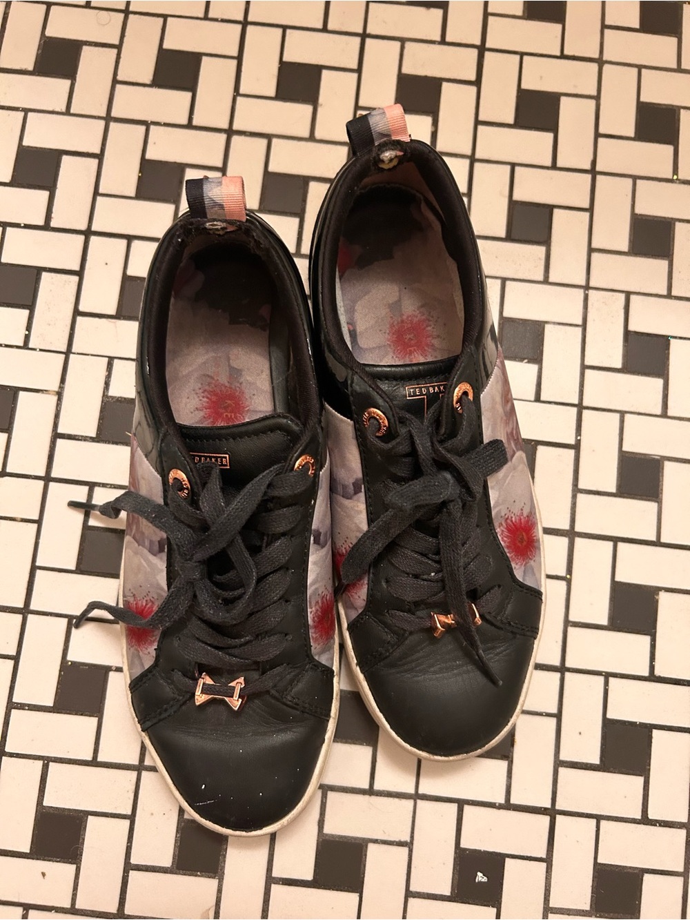 Ted Baker Black Sneakers with Pink Floral Accent size 6